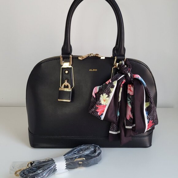 Like New ALDO Black Satchel Bag • Gold Lock • Floral Scarf • Crossbody Strap - Picture 2 of 6